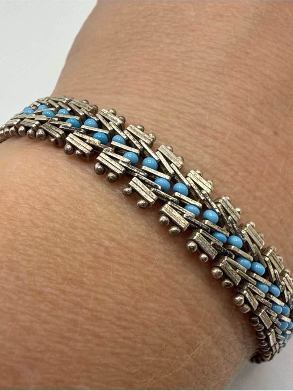 VTG Premex Mexico 925 Sterling Silver Bracelet Southwestern Style Teal & Silver